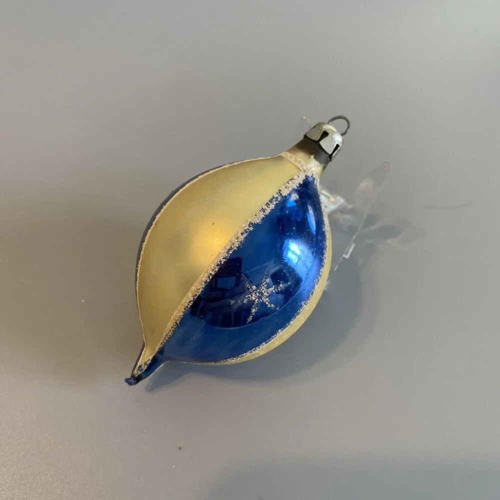 Vintage Hand-Blown Glass Christmas Ornament Teardrop Deep Indent Mica Blue Ivory